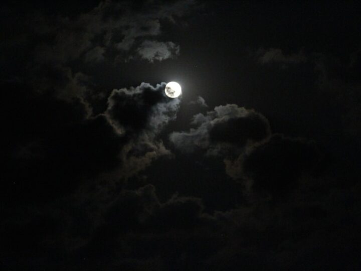 A small oil lamp burning on a windowsill with a full moon rising behind trees outside